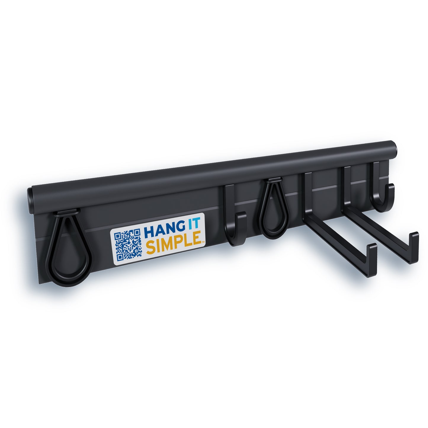 Hang It Simple 18-inch Starter Kit in black with rail, hooks, and rubber loops for garage organization
