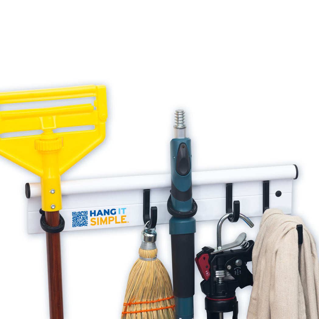 Hang It Simple wall mount rail with garden tools, mop, and cleaning tools hanging