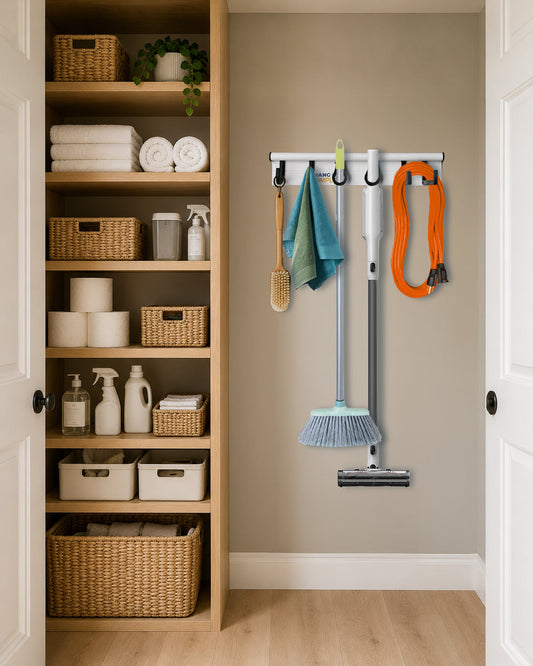 Small utility closet organization using Hang It Simple wall-mounted storage system for brooms, cleaning supplies, and extension cords.