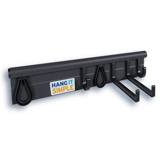 wall mounted black 18 inch rail with 6 accessories on white background Hang It Simple