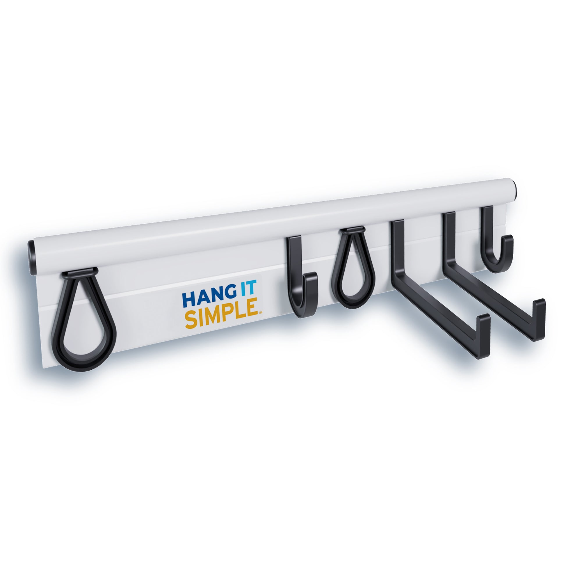 wall mounted white 18 inch rail with 6 accessories on white background Hang It Simple