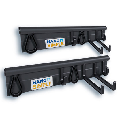Two black 18 inch rails with 12 accessories on white background