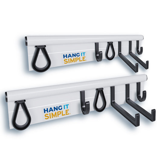 Two white 18 inch rails with 12 accessories on white background
