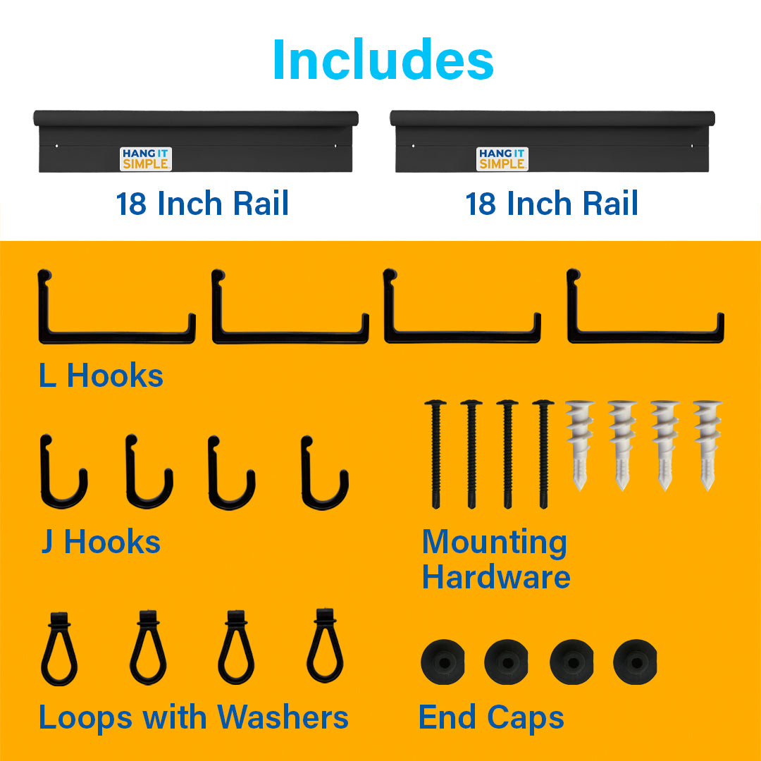 Product set with two 18 Inch Rails, L Hooks, J Hooks, Loops with Washers, End Caps, and Mounting Hardware on a yellow background. Hang It Simple