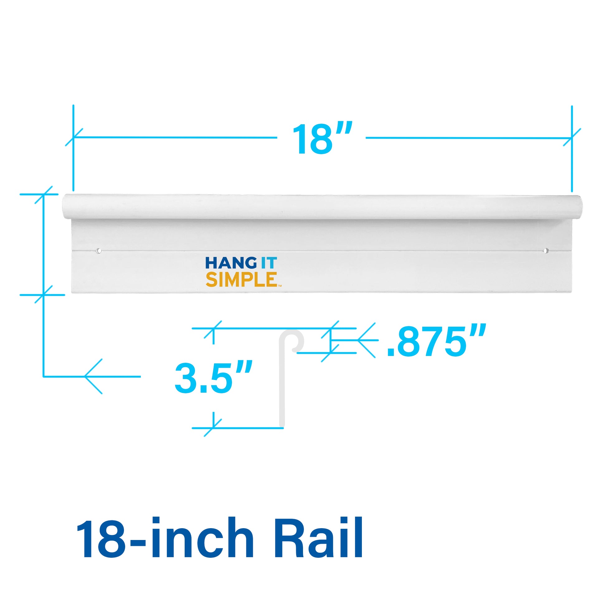 A white wall-mounted rail shown with dimension annotations: 18 inches wide, 3.5 inches tall, and a center offset of .