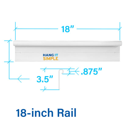 A white wall-mounted rail shown with dimension annotations: 18 inches wide, 3.5 inches tall, and a center offset of .