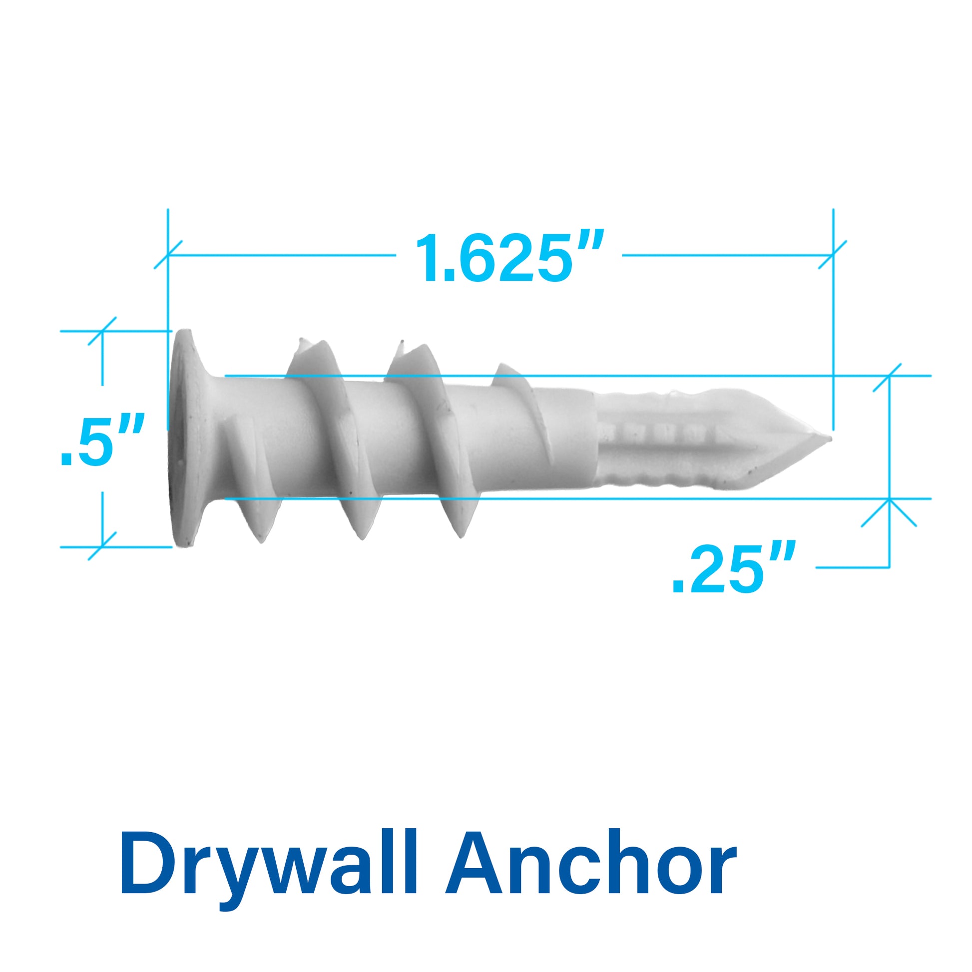 A white plastic drywall anchor shown on a light gray background with blue dimension lines and text indicating measurements of 1.625 inches, 0.