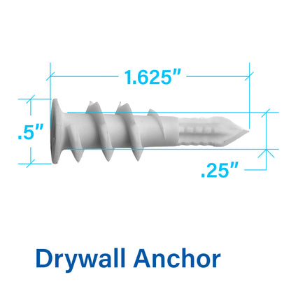 A white plastic drywall anchor shown on a light gray background with blue dimension lines and text indicating measurements of 1.625 inches, 0.