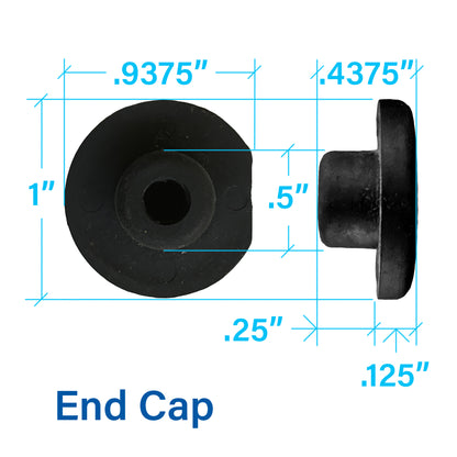 Black rubber end cap shown from two angles with blue dimension lines and text reading 'End Cap' and measurements such as 1 inch, .9375 inches, .