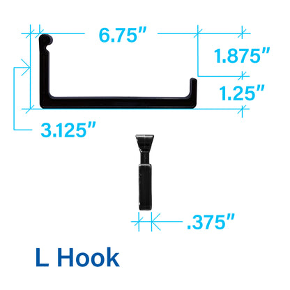 Black plastic L-shaped wall hook shown with dimension annotations on a white background, including measurements 6.75 inches, 3.