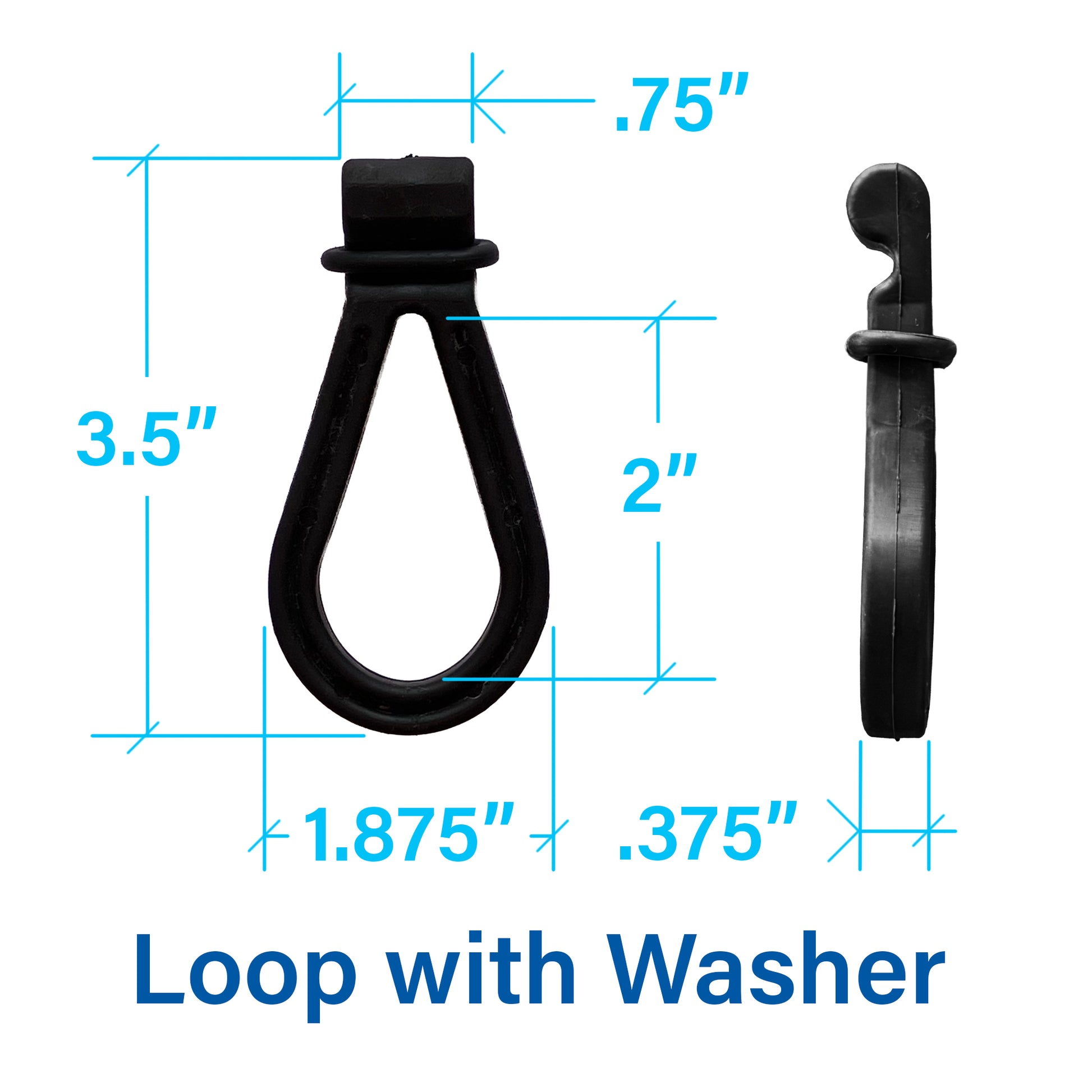 Black rubber loop hardware with a washer, shown front and side views with blue dimension lines and text reading 'Loop with Washer' on a white background.