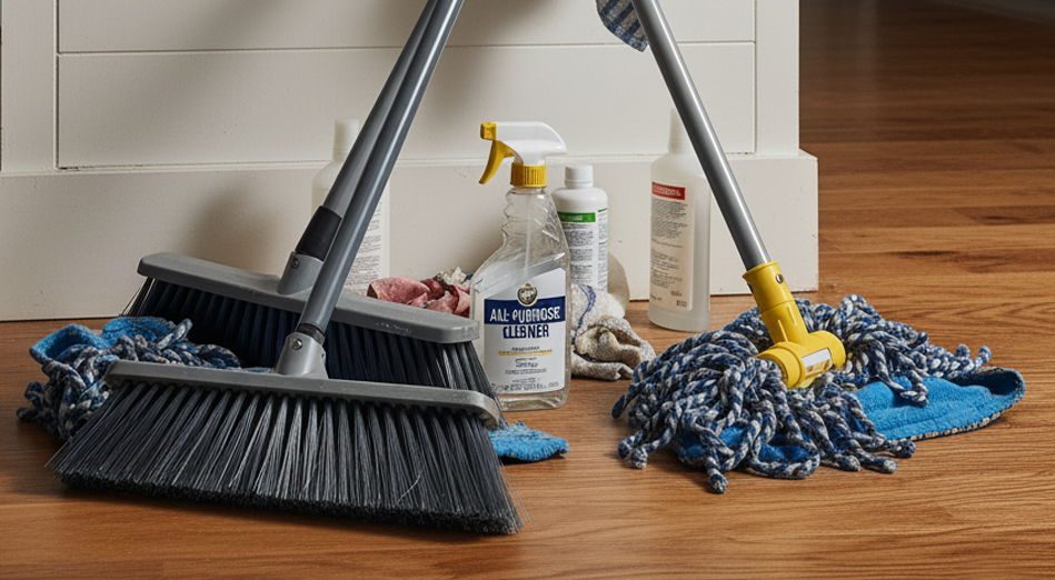 Cleaning tools including a broom, mop, and cleaning products on a wooden floor.