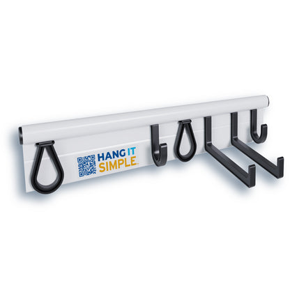 Hang It Simple 18-inch Starter Kit white, with rail, hooks, and rubber loops for garage organization