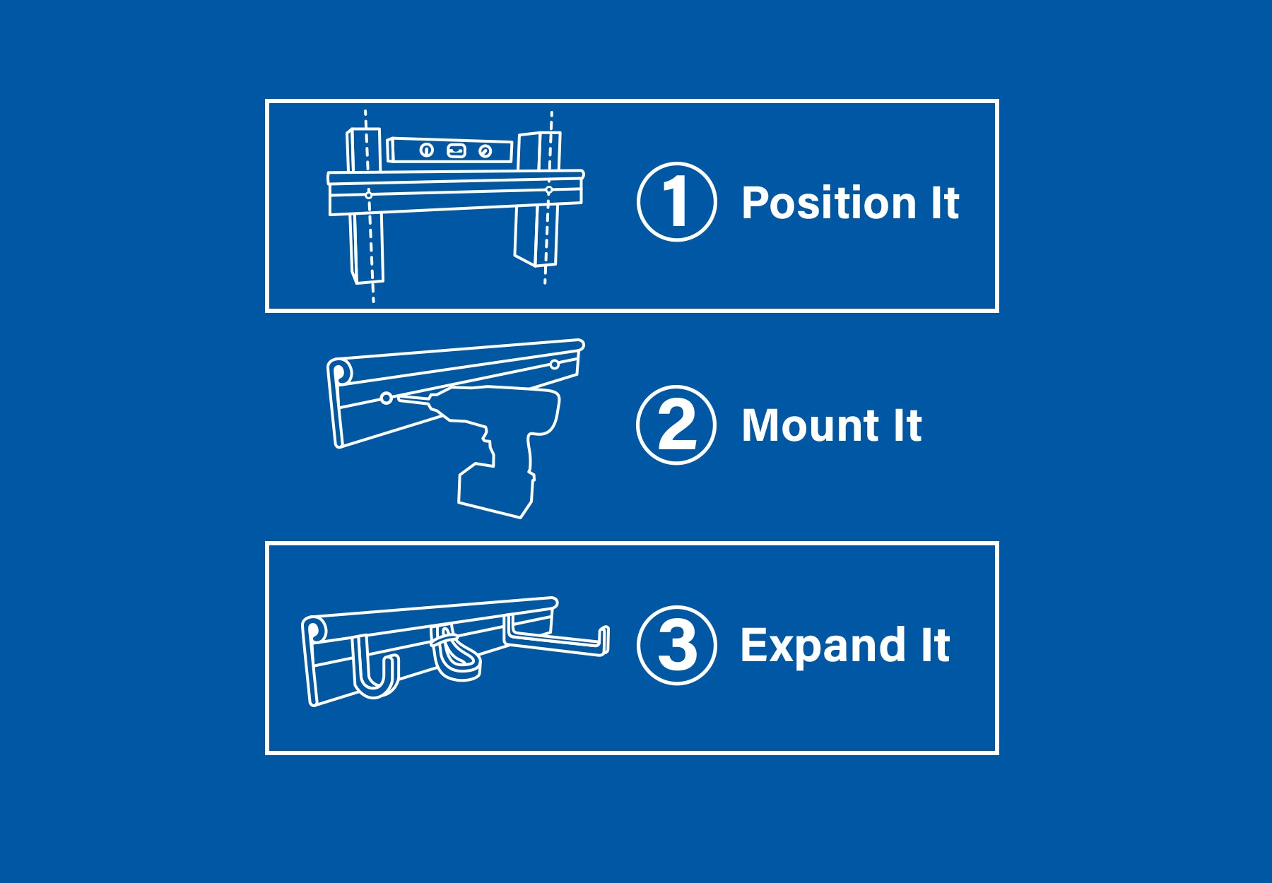 Step-by-step instructions for installing Hang It Simple rail system with diagrams for positioning, mounting, and expanding